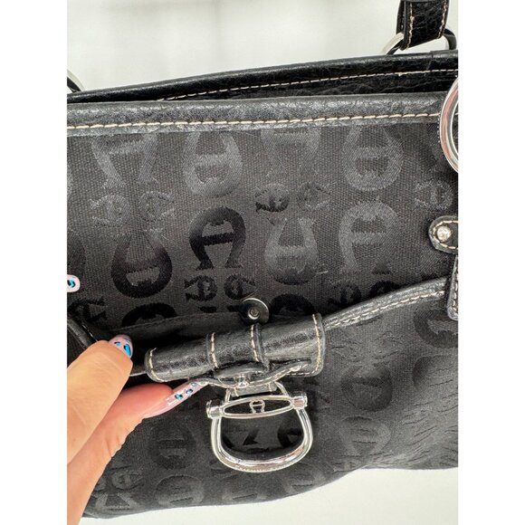 Etienne Aigner Black Logo Jacquard & Faux Leather Shoulder Bag With Buckle Accen - Picture 3 of 11